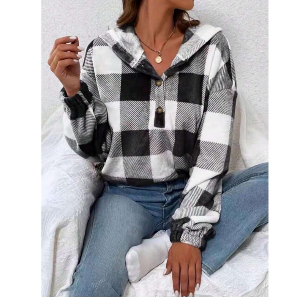 Plaid Super Soft Hooded Gingham Half Placket Sweatshirt